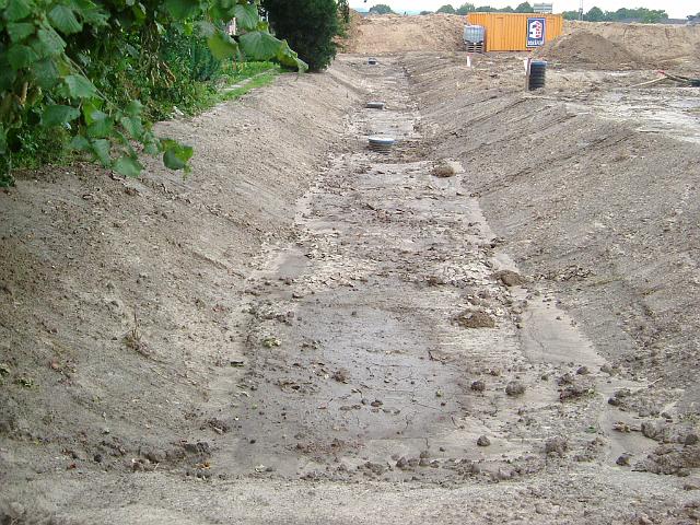 2005_0729_201656.JPG - Süd-Nord-Mulde hinter dem Altbestand Richtung Norden - Die östl. Böschung wurde vom Regen ausgeschwemmt. - Ost-West-Gefälle