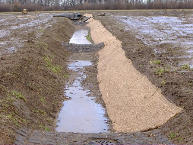 2005_1216_121628.JPG - Mulde Richtung Osten - Hier wurde die südliche Böschung mit Matten gegen das Ausschwemmen gesichert. - Süd-Nord-Gefälle