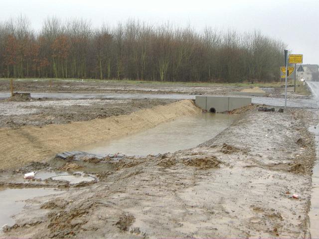 2006_0309_113155.JPG - Mulden an der Ewald-Görshop-Straße südl. des Altbestandes - Der Muldenüberlauf wurde weggeschwemmt. - Das Wasser staute sich bedenklich in einigen Mulden, so dass es schon zu Überläufen in die darunter liegenden Drainagerohre kam. Wie man unschwer erkennen kann, handelt es sich um verschlammtes Regenwasser, das die Mulden verschlemmt.